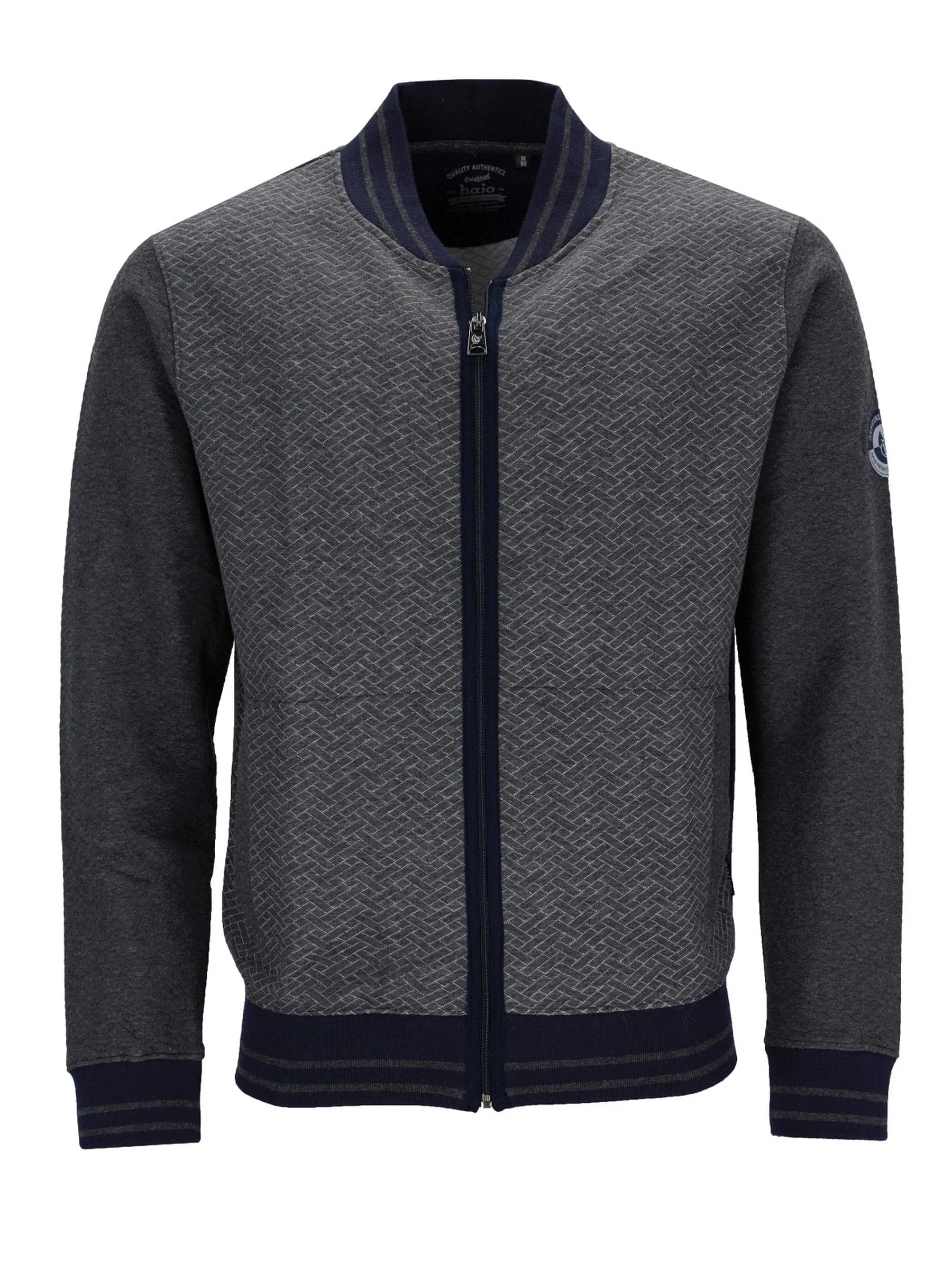 Holzkohle-graue Bomberjacke mit marineblauen Akzenten und Reißverschluss.