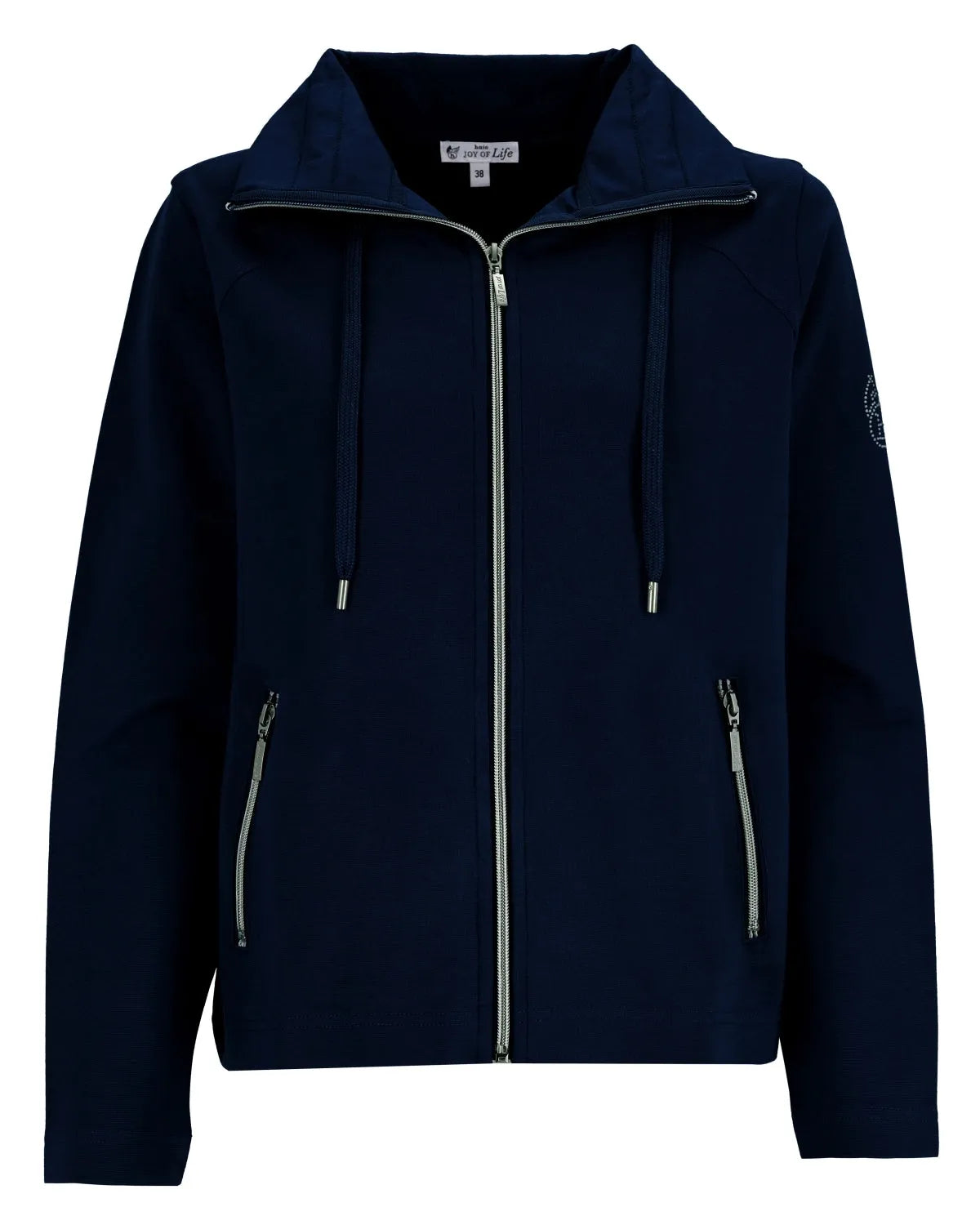 Marineblauer Zip-up-Kapuzenpullover mit silbernem Reißverschluss und Kordelzug, mit kleinem Logo auf dem linken Ärmel.