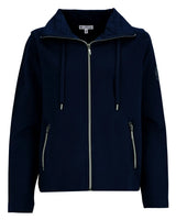 Marineblauer Zip-up-Kapuzenpullover mit silbernem Reißverschluss und Kordelzug, mit kleinem Logo auf dem linken Ärmel.