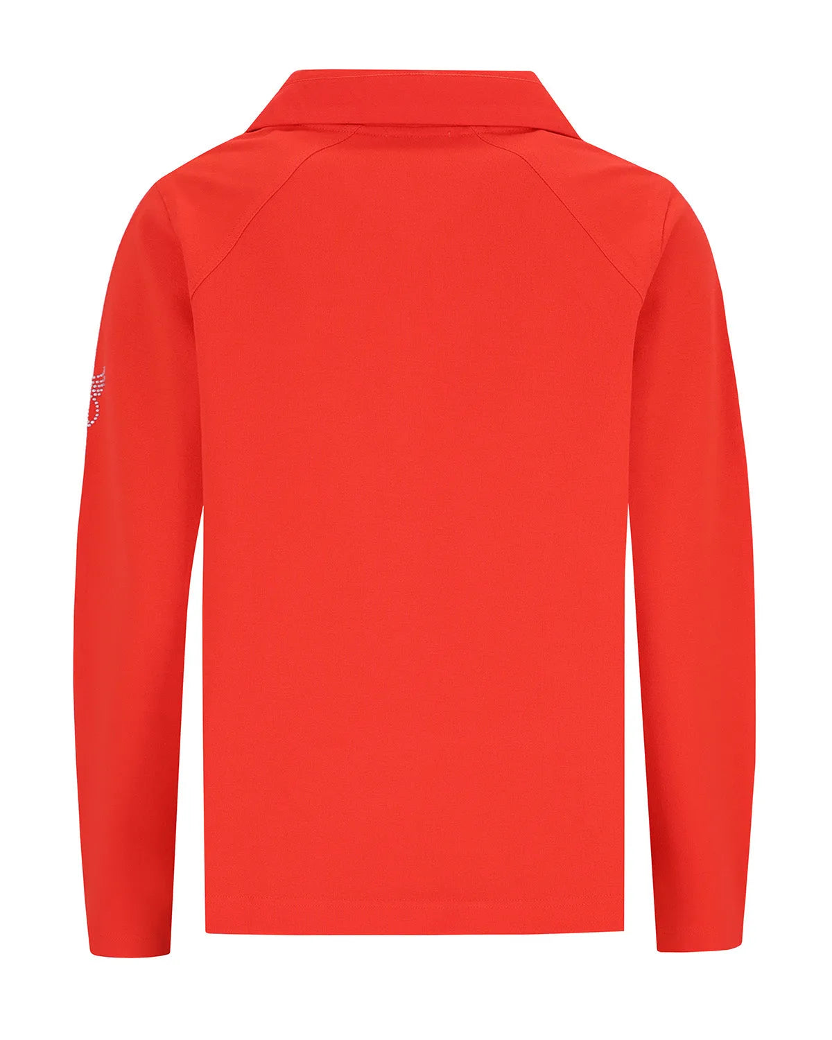 Rotes Langarm-Poloshirt mit weißem Logo am Ärmel, aus Baumwolle.