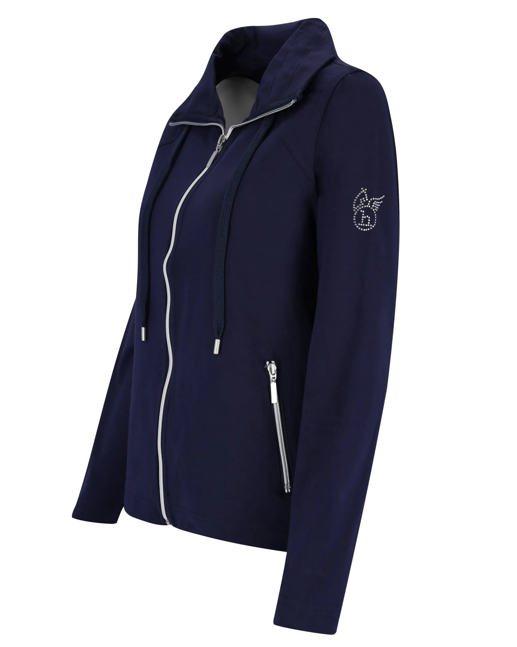 Marineblaue Zip-up-Jacke mit weißem Reißverschluss und Wolfslogo am Ärmel.