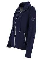 Marineblaue Zip-up-Jacke mit weißem Reißverschluss und Wolfslogo am Ärmel.