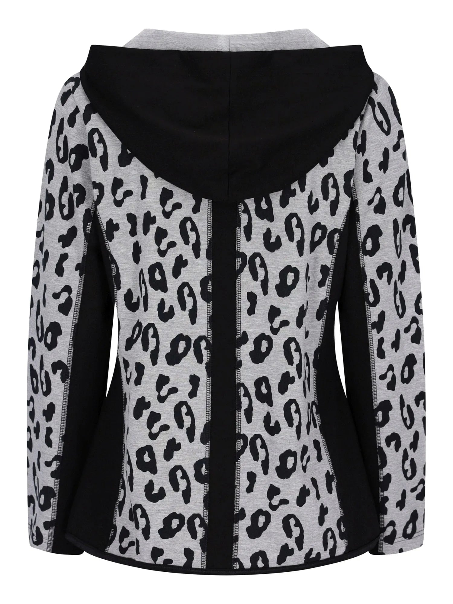 Leopardenmuster-Kapuzenjacke mit schwarz-weißem Muster, aus Fleece-Material gefertigt.