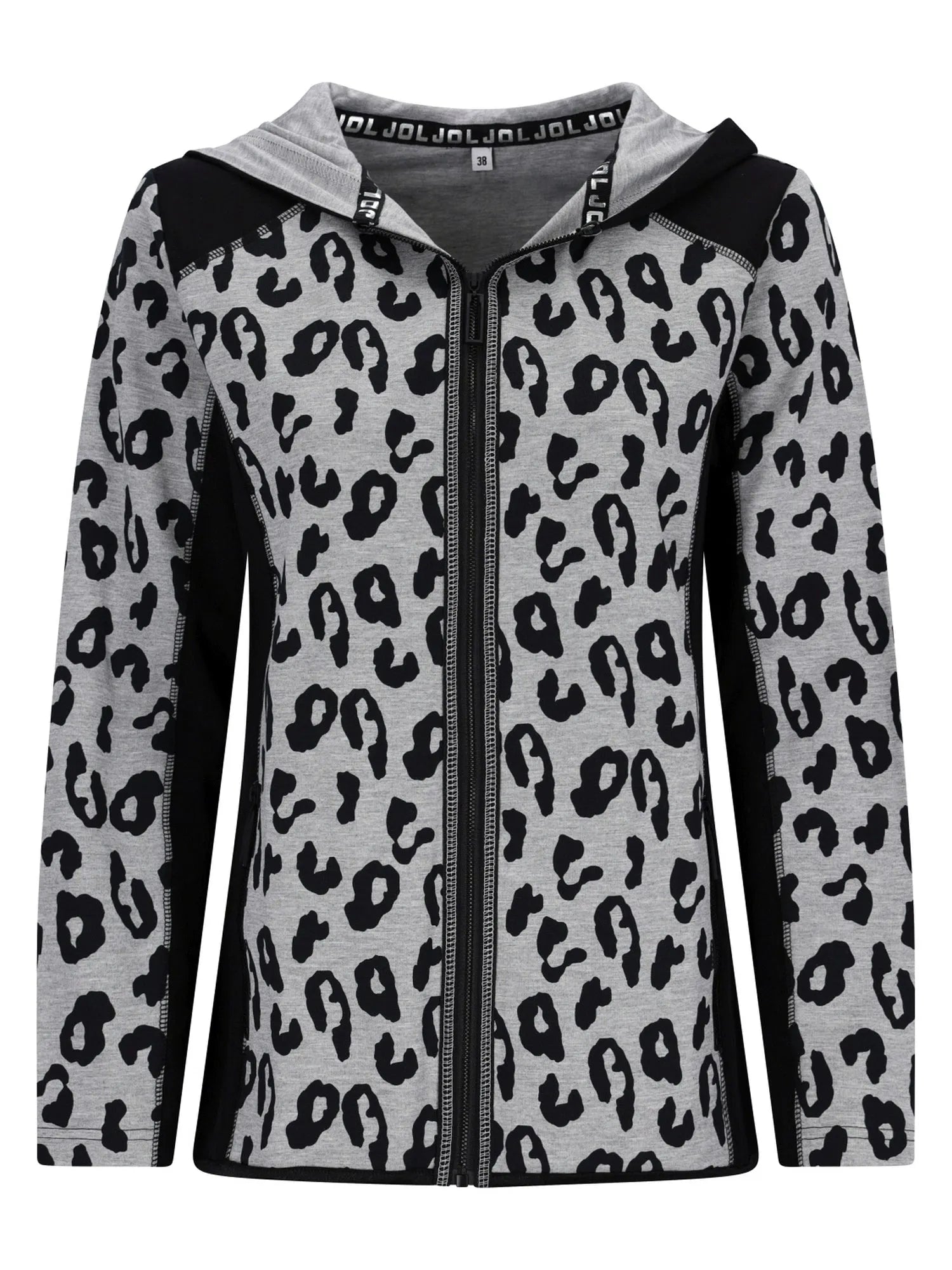 Leopardenmuster-Hoodie mit Reißverschluss, schwarzen Akzenten und Kapuze.