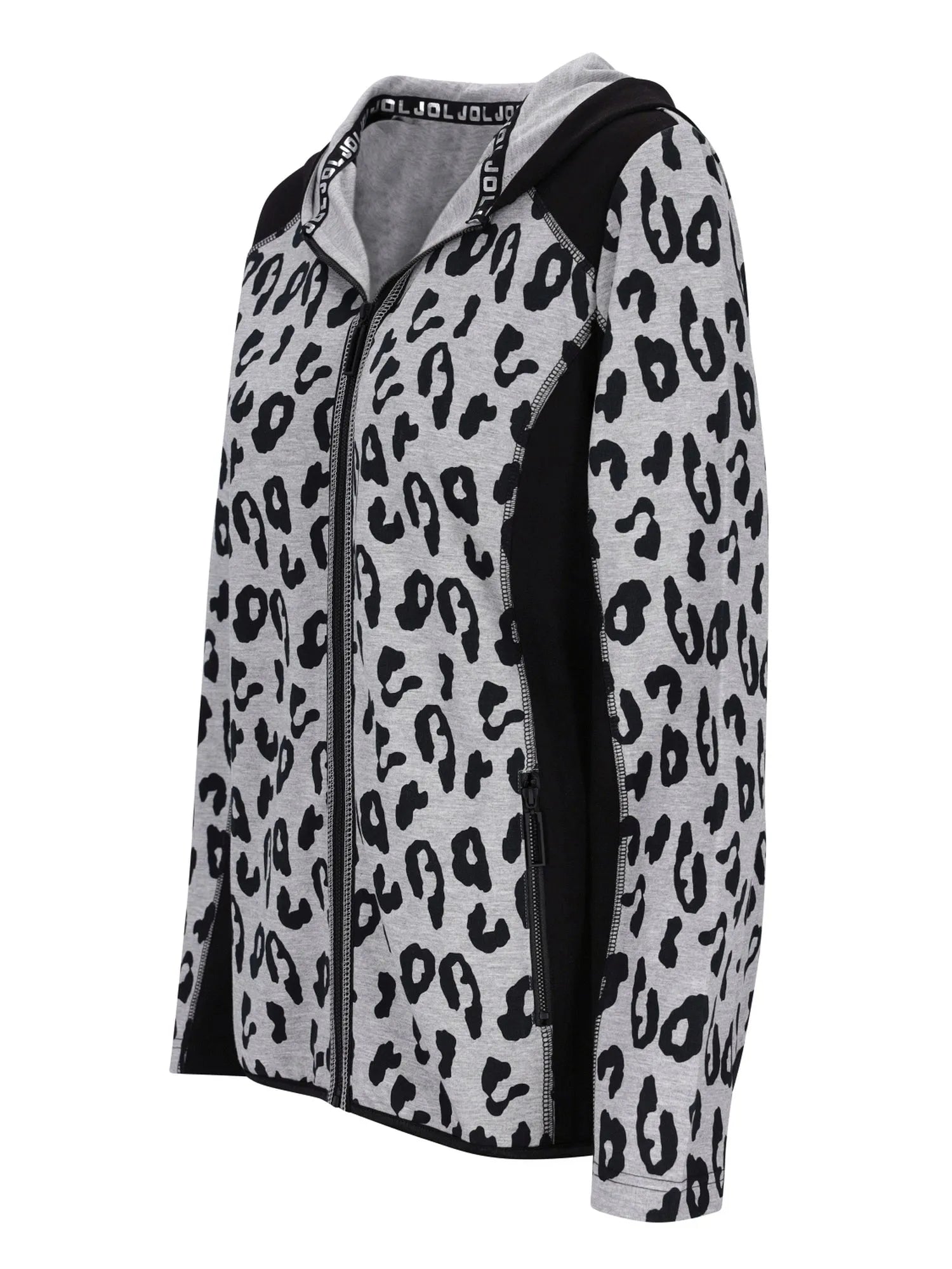 Leopardmuster-Hoodie-Jacke mit schwarz-weißem Muster, Kapuzendesign.