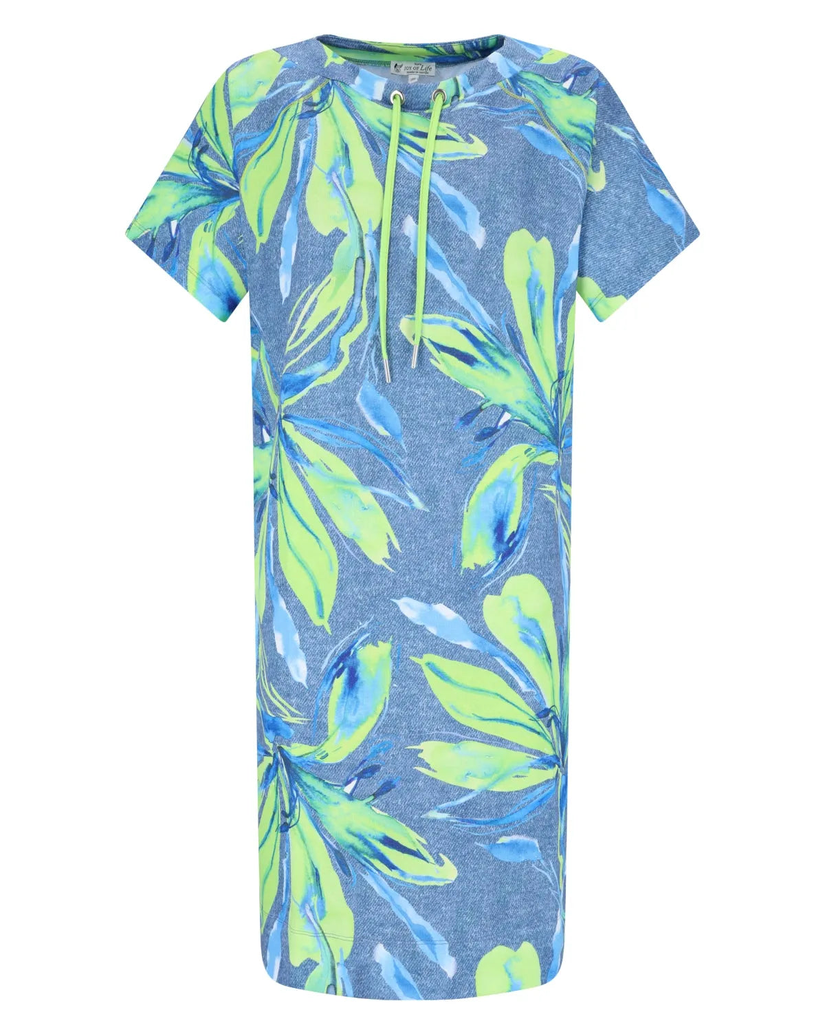 Kurzärmeliges Kleid mit blauem und grünem Blumendruck und Kordelzug am Ausschnitt.
