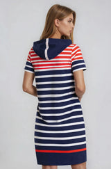 Sweatkleid mit kapuze stay fresh® in marineblau rot und weiß gestreift mit kurzarm und kapuze mit weißer biese