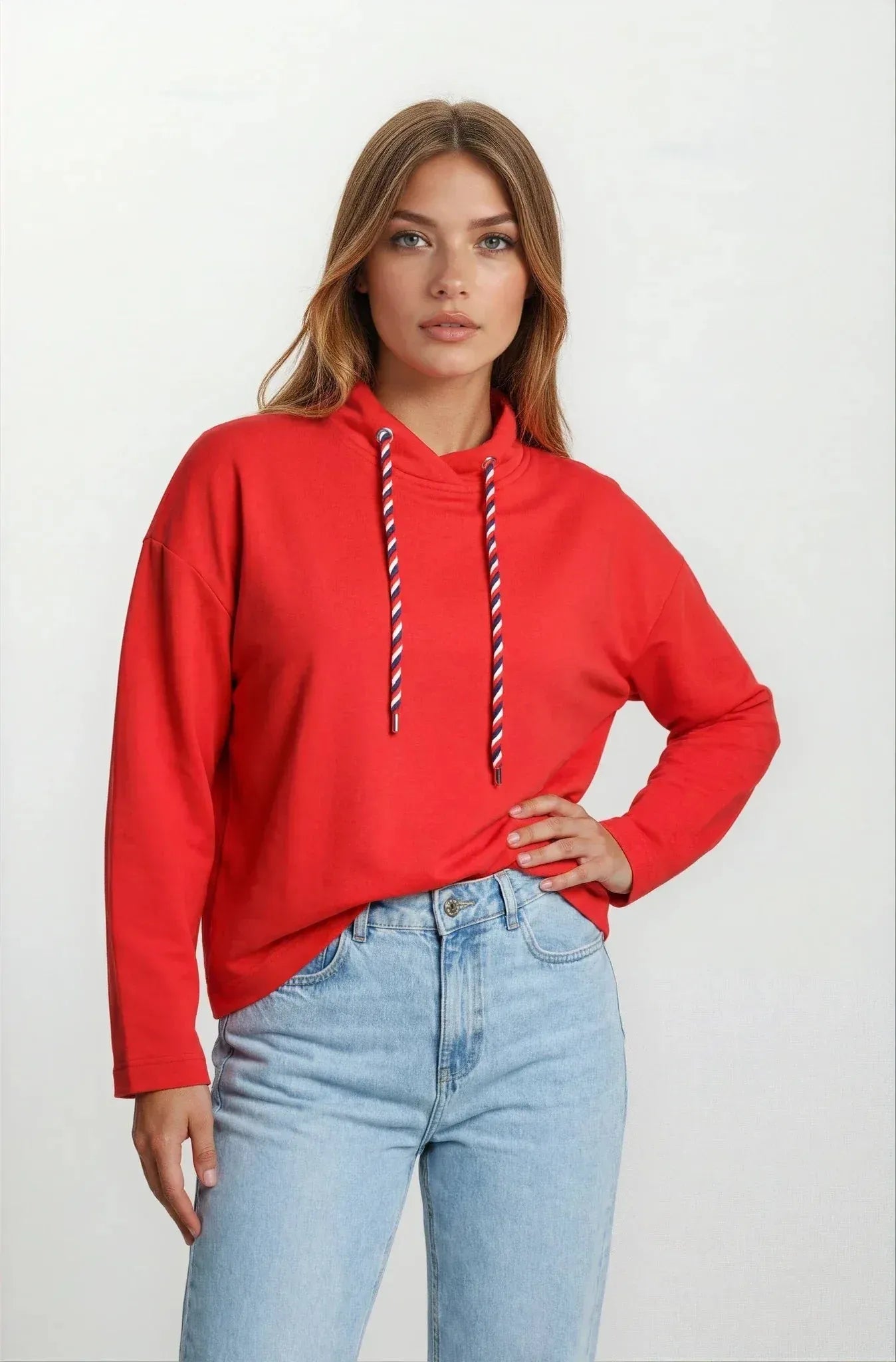 Rotes Langarm-Hoodie mit gestreiften Kordelzügen, Sweatshirt 1/1 Arm