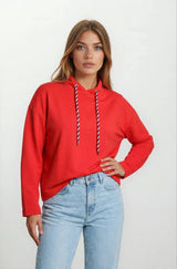 Rotes Langarm-Hoodie mit gestreiften Kordelzügen, Sweatshirt 1/1 Arm