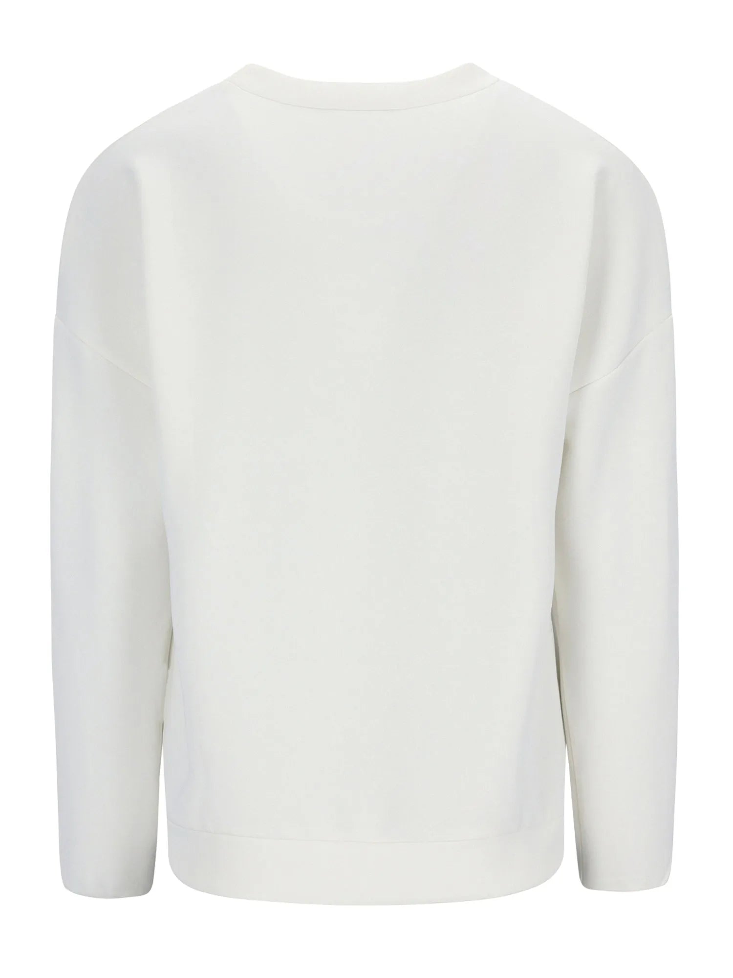 Weißer Rollkragenpullover mit langen Ärmeln und gerippten Bündchen.