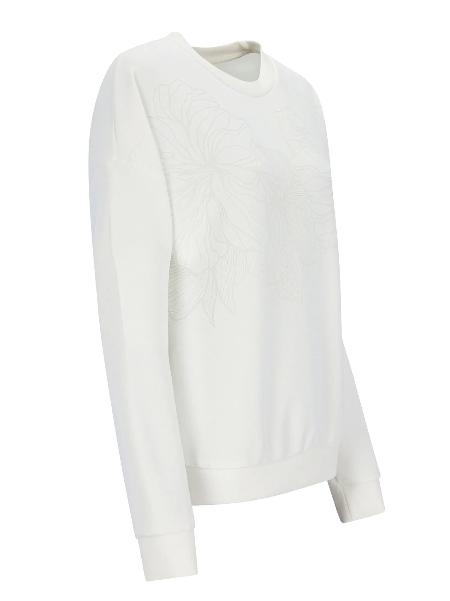 Weißer Crew-Neck-Pullover mit langen Ärmeln und gerippten Manschetten, wahrscheinlich aus Baumwolle oder einem ähnlichen weichen Material gefertigt.