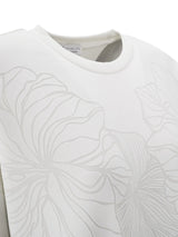 Weißes T-Shirt mit Blumenmuster, Rundhals und kurzen Ärmeln.