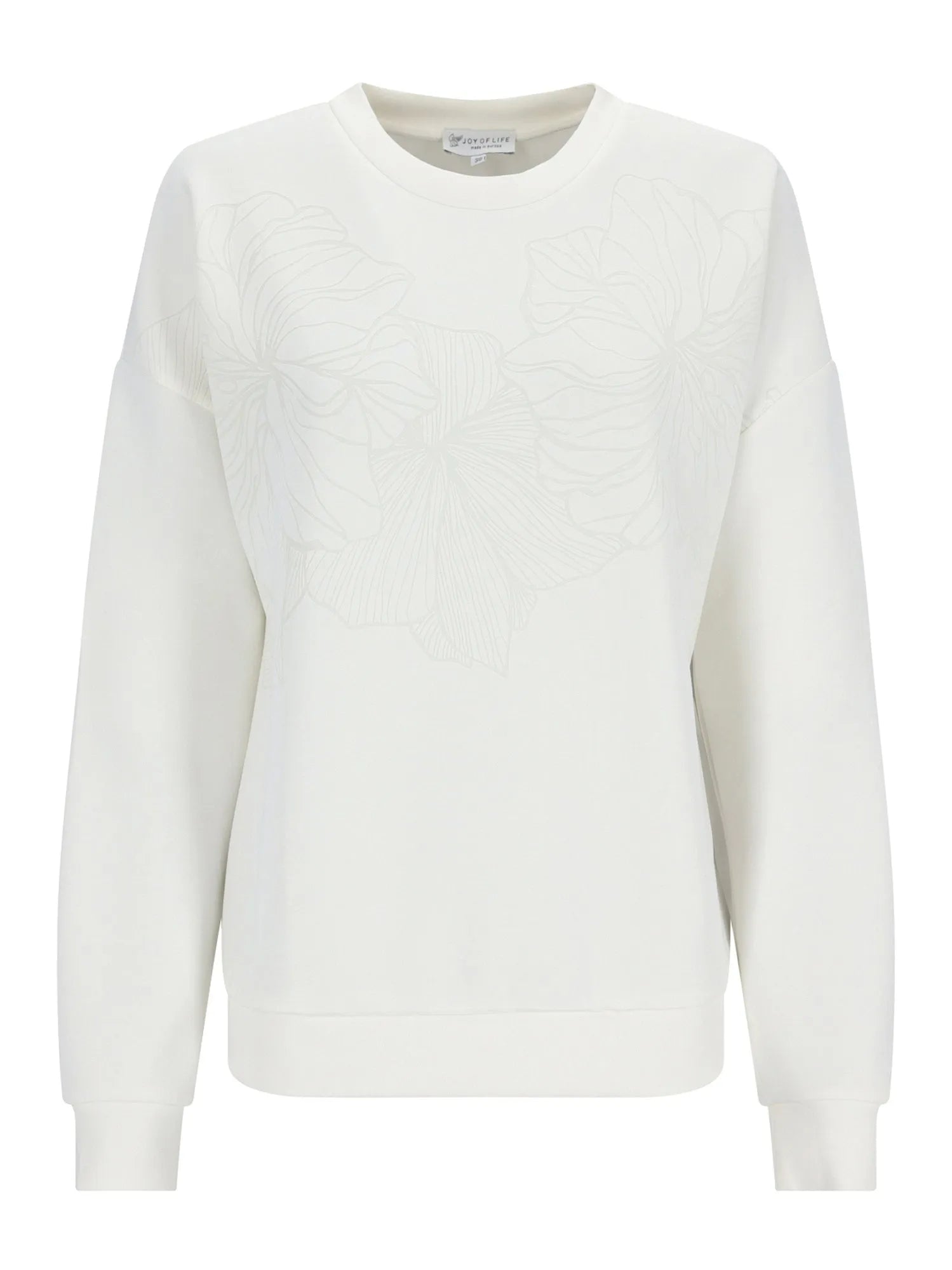 Weißer Crewneck-Pullover mit langen Ärmeln und gerippten Bündchen.