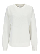 Weißer Crewneck-Pullover mit langen Ärmeln und gerippten Bündchen.