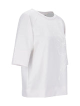 Weißes oversized Sweatshirt 1/2 Arm mit transparenter Blumenstickerei seitlich