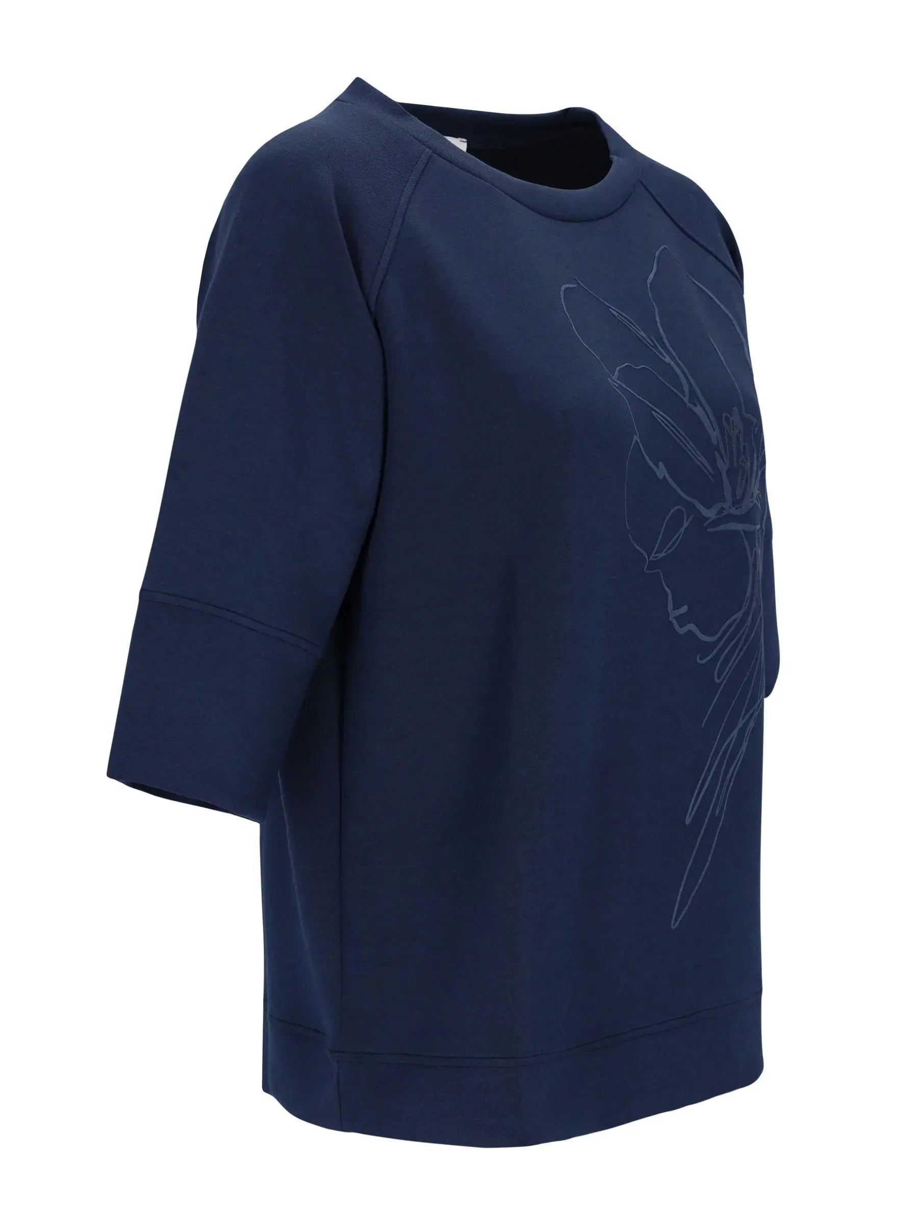 Marineblaues Sweatshirt 1/2 Arm mit dezentem Stickmuster Floral vorne