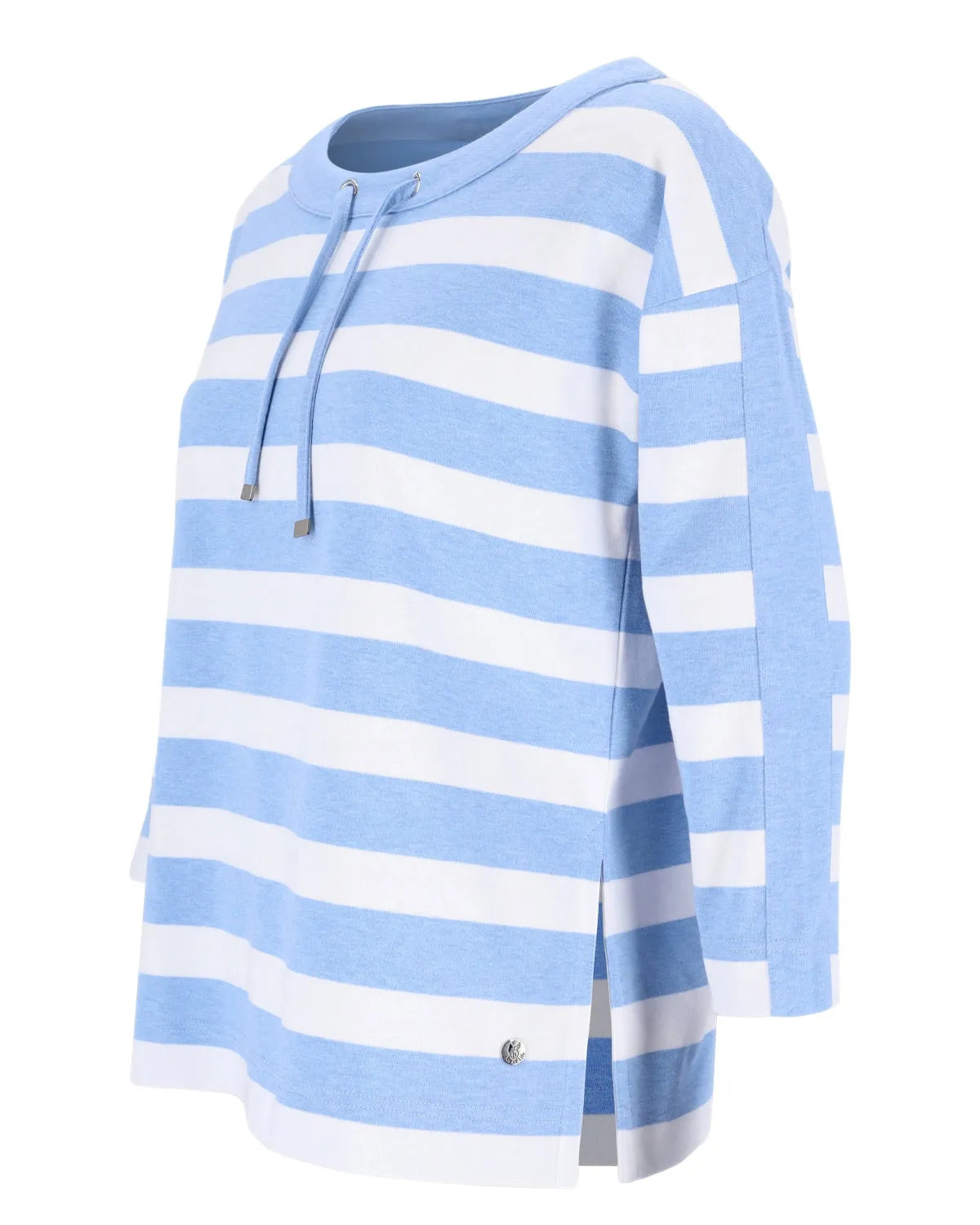 Blau-weiß gestreifter Kapuzenpullover mit Kordelzug, aus Baumwolle.