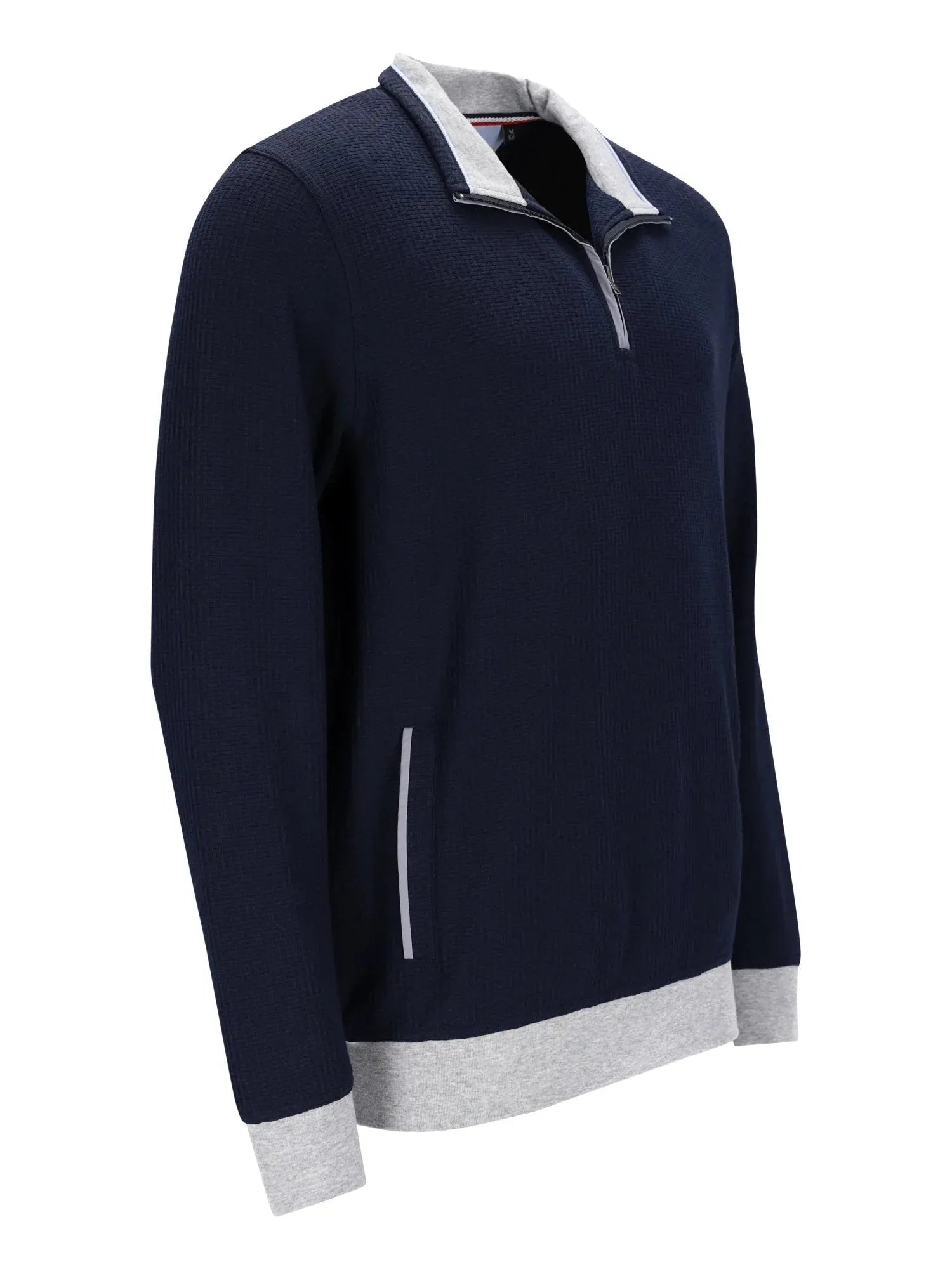 Marineblaues Reißverschluss-Sweatshirt mit weißen und grauen Akzenten, wahrscheinlich aus Baumwolle oder Polyester-Mischung.