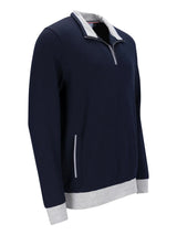 Marineblaues Reißverschluss-Sweatshirt mit weißen und grauen Akzenten, wahrscheinlich aus Baumwolle oder Polyester-Mischung.