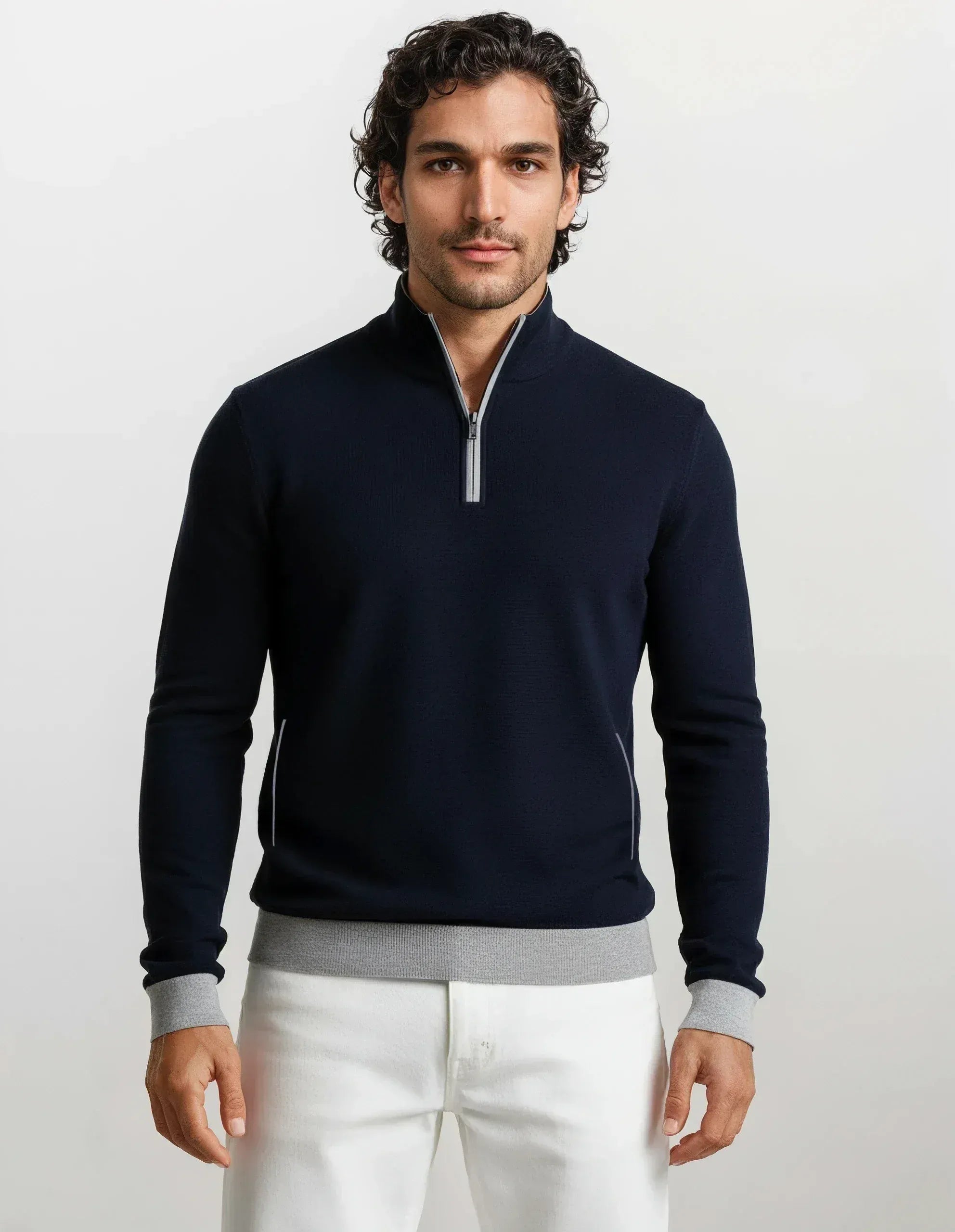 Marineblauer Half-Zip-Pullover strukturiert mit Reißverschluss und Bündchen