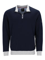 Marineblaues Viertelreißverschluss-Pullover-Sweatshirt mit weißen und grauen Akzenten, mit geripptem Kragen und Manschetten.