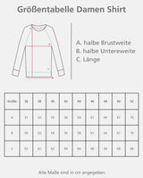 Größentabelle für Damenhemden mit Maßangaben.