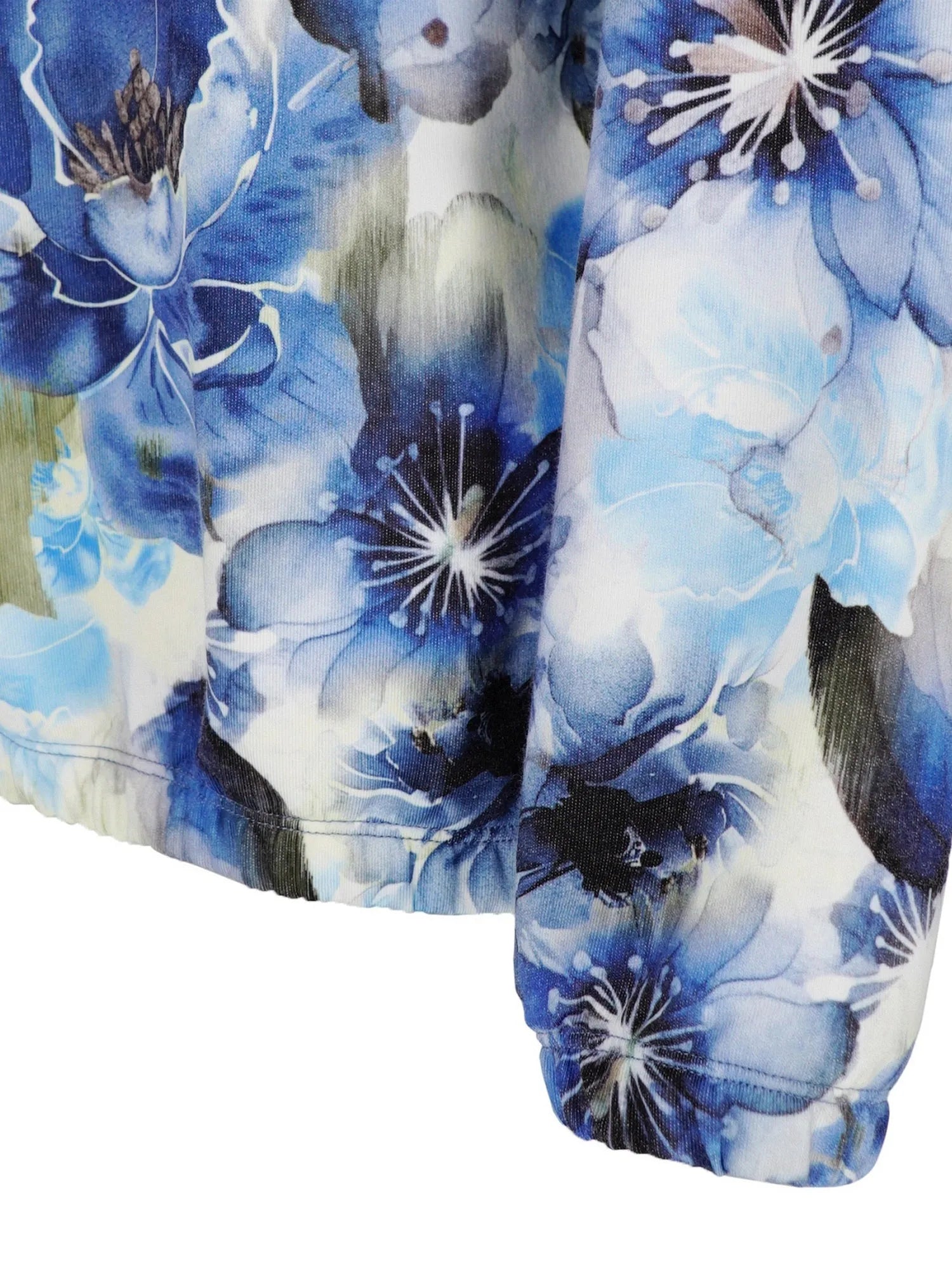 Blaues Blumenmuster-Sweatshirt mit Kordelzugkapuze und gerippten Bündchen.