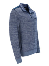 Marineblauer Viertelreißverschluss-Pullover mit Kontrastkragen und -manschetten, aus weicher Baumwollmischung.