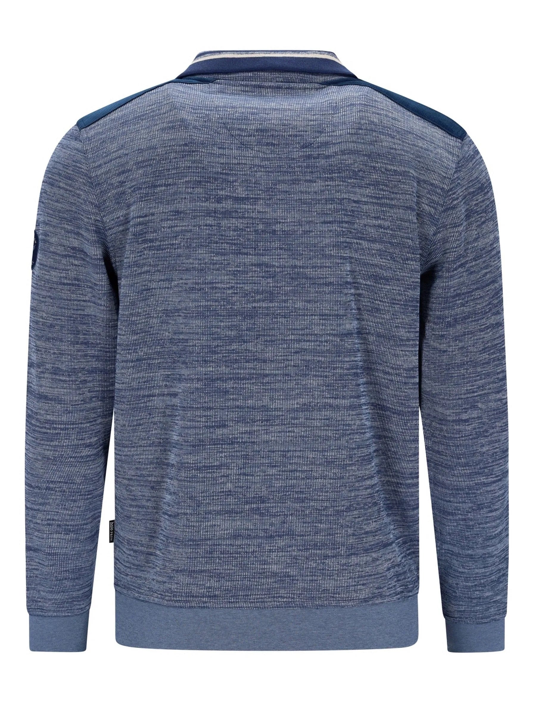 Blau-grauer melierter Reißverschluss-Pulli mit weißem Saum, inspiriert von jack & jones.