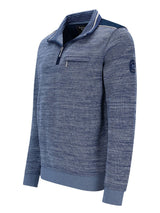 Marineblauer Viertel-Reißverschluss-Pullover mit gerippten Manschetten und Kragen, strukturiertes Strickdesign.