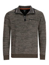 Kohle-grauer Pullover mit gestreiftem Kragen und Reißverschluss-Detail, aus weichem Strickmaterial gefertigt.