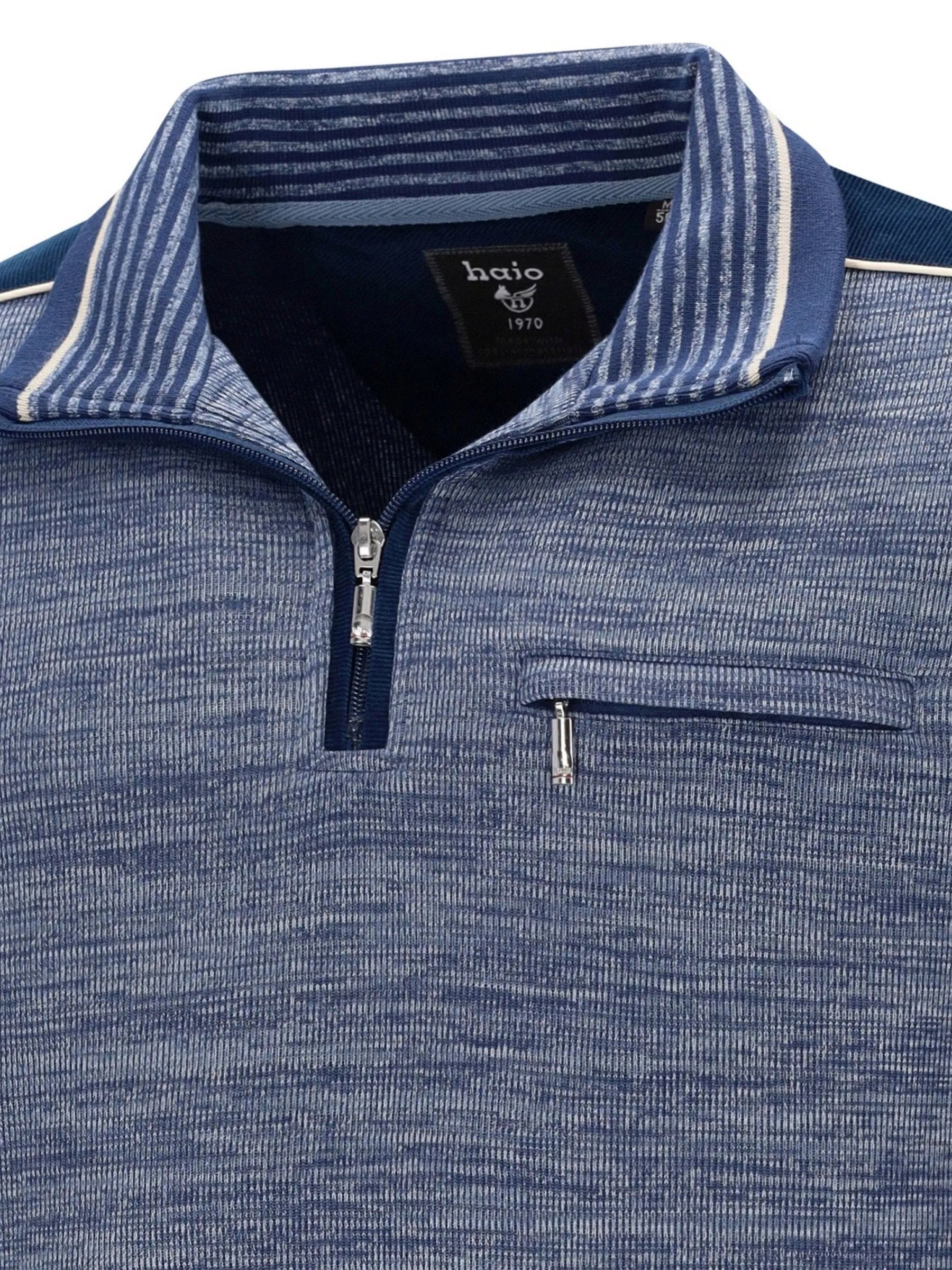 Halo Herren Marineblauer Viertel-Reißverschluss-Pulli mit gestreiftem Kragen und Tasche.