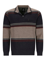 Marineblauer und brauner gestreifter Pullover mit Halbzipperkragen.