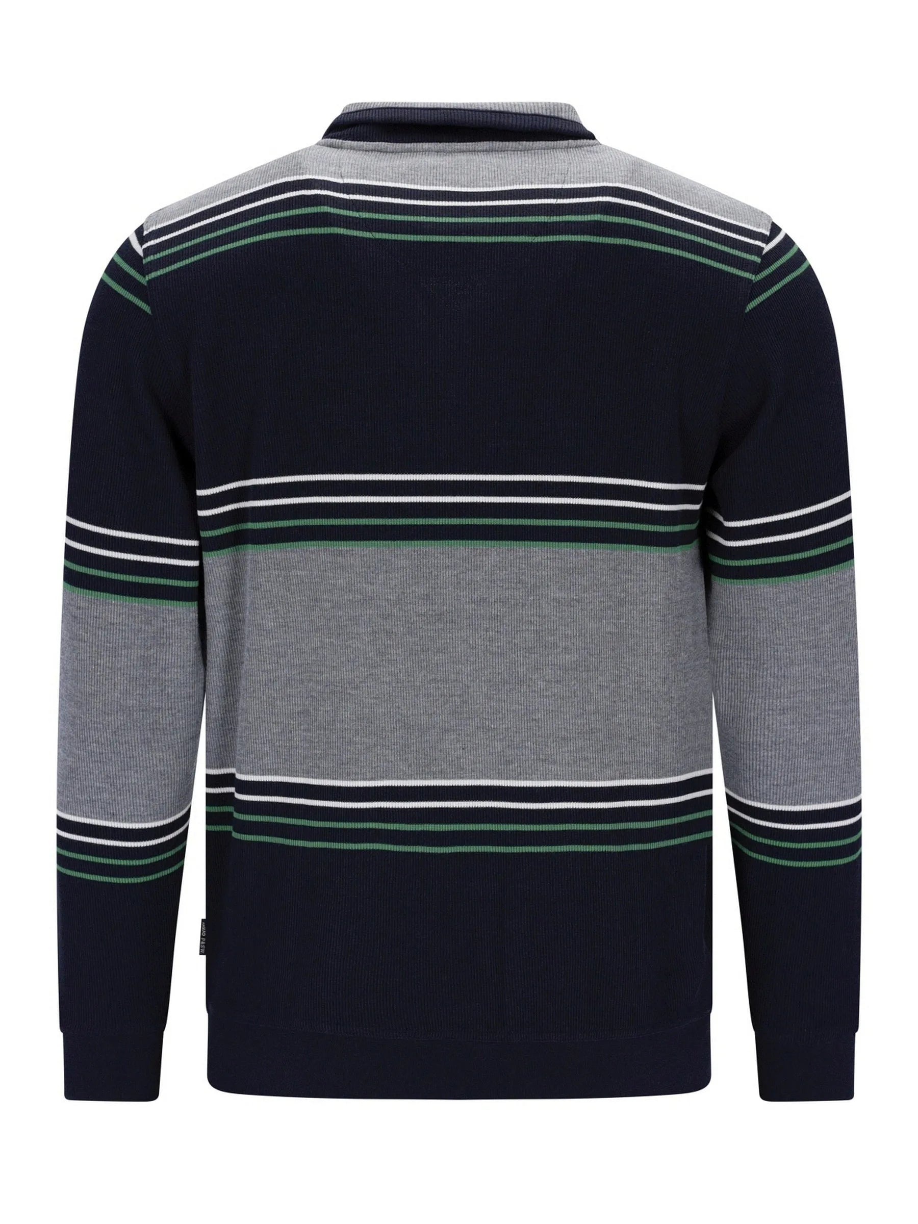 Marineblaues und graues gestreiftes Poloshirt mit grünen Akzenten, aus Baumwolle gefertigt.
