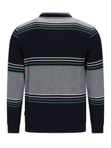 Marineblaues und graues gestreiftes Poloshirt mit grünen Akzenten, aus Baumwolle gefertigt.