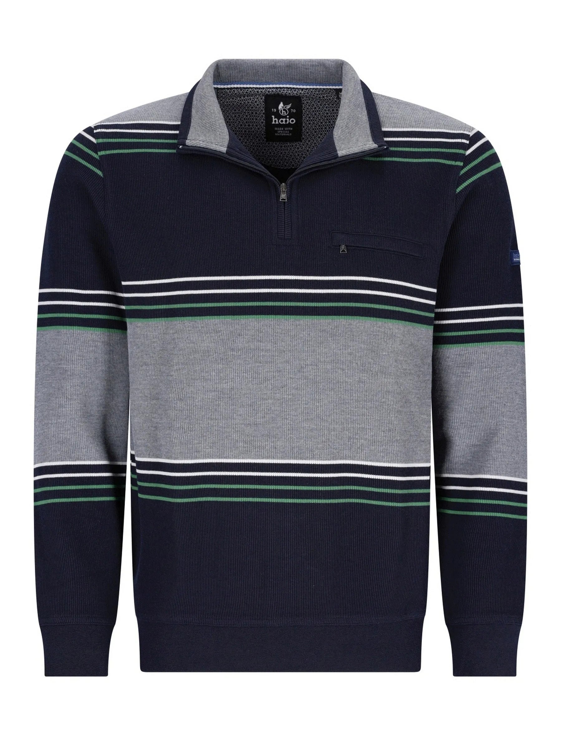 Marineblaues Poloshirt mit grün-weißen Streifen, aus Baumwolle.