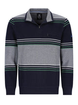 Marineblaues Poloshirt mit grün-weißen Streifen, aus Baumwolle.