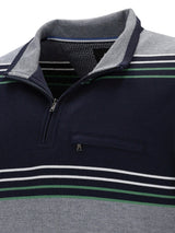 Marineblau und grau gestreifter Viertel-Reißverschluss-Pullover mit Tasche.