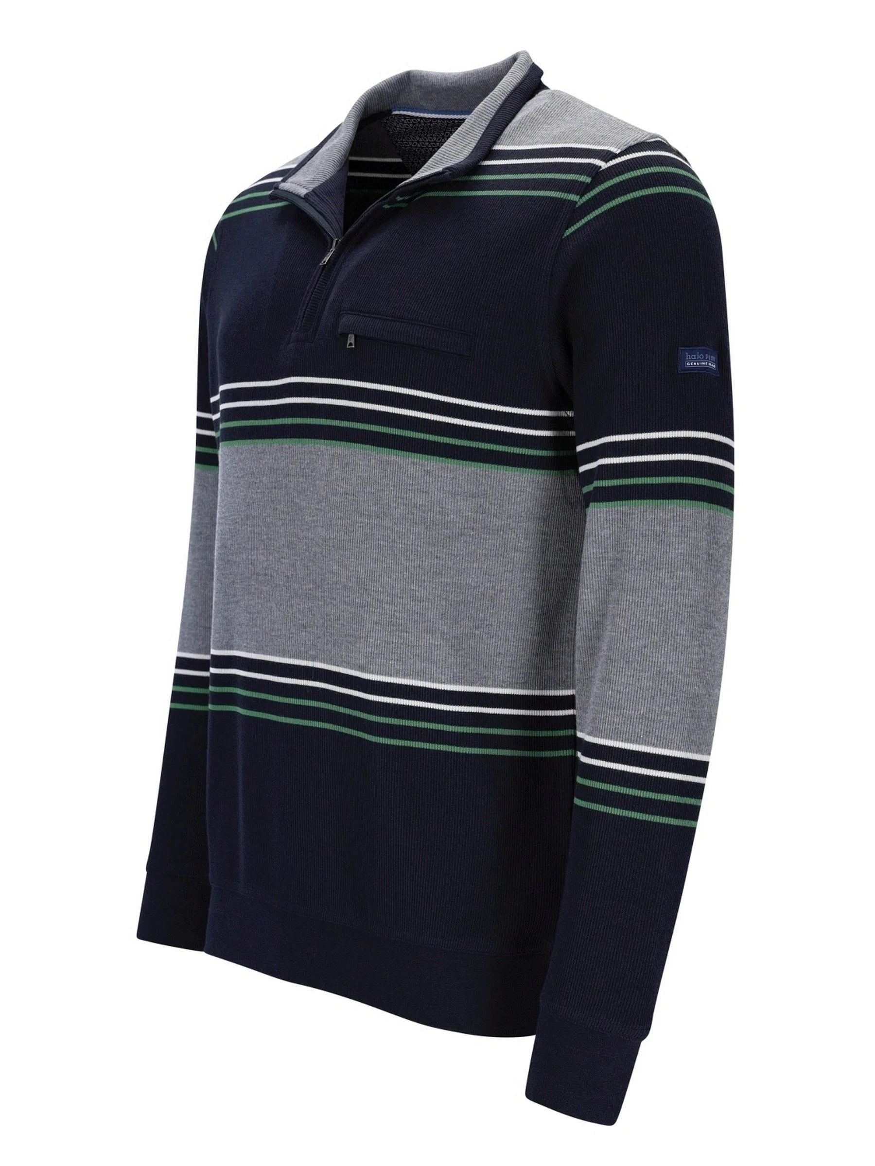 Marineblaues und graues gestreiftes Poloshirt mit grünen Akzenten, aus Baumwolle gefertigt.