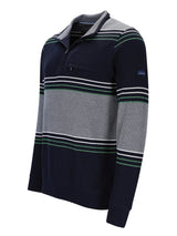 Marineblaues und graues gestreiftes Poloshirt mit grünen Akzenten, aus Baumwolle gefertigt.