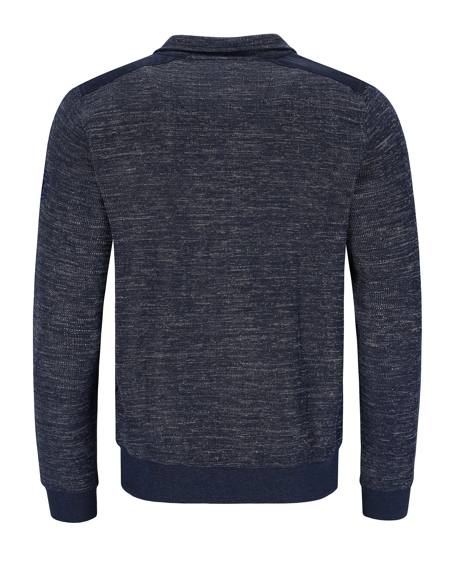 Marineblauer strukturierter Pullover mit gerippten Bündchen und Saum, wahrscheinlich aus Baumwolle oder Polyestermischung.