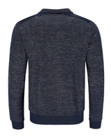 Marineblauer strukturierter Pullover mit gerippten Bündchen und Saum, wahrscheinlich aus Baumwolle oder Polyestermischung.