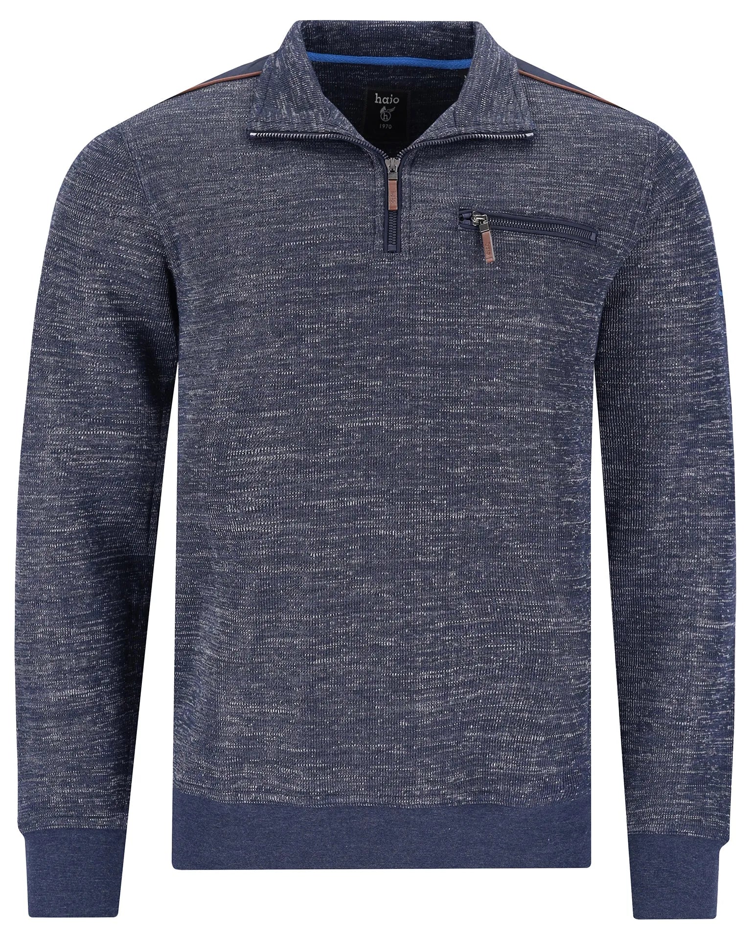 Marineblauer Pullover mit Viertel-Reißverschluss, strukturiertem Strick und Taschen-Details.