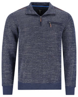 Marineblauer Pullover mit Viertel-Reißverschluss, strukturiertem Strick und Taschen-Details.