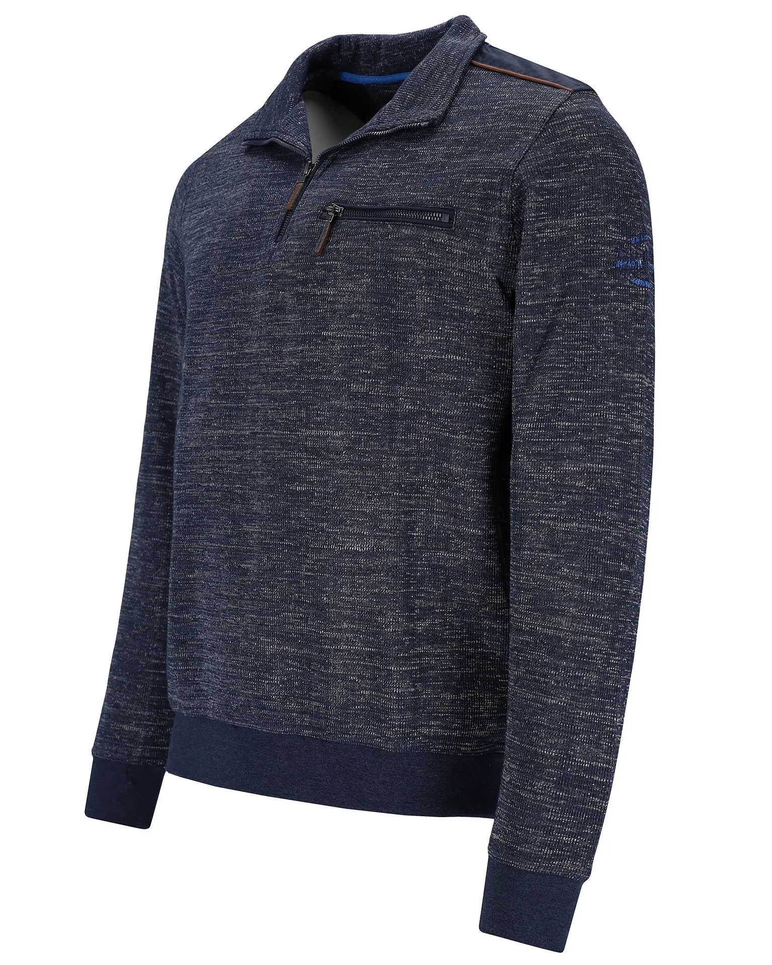 Marineblauer Pullover mit Viertelreißverschluss, einer Tasche und gerippten Bündchen und Saum.