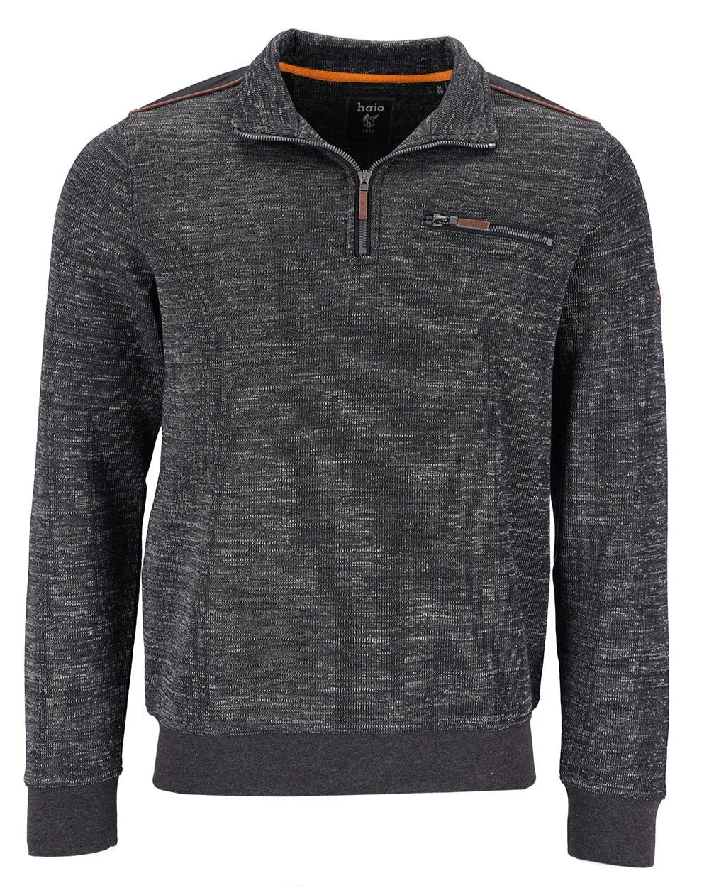 Anthrazitfarbenes Sweatshirt mit Viertelreißverschluss und orangefarbenem Reißverschluss und Taschen.