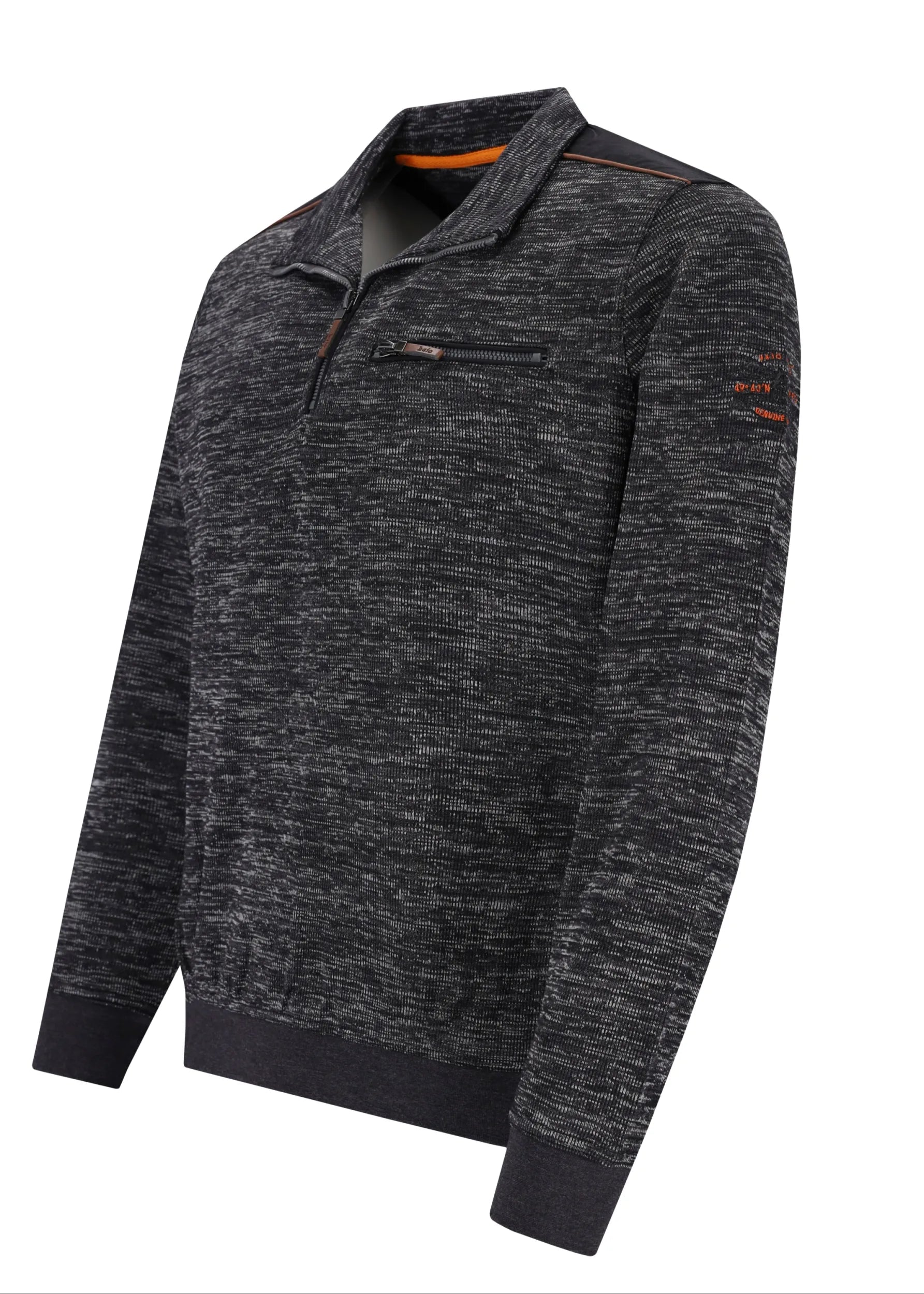 Charcoalfarbenes Sweatshirt mit Reißverschluss und orangefarbenen Akzenten und Logo.