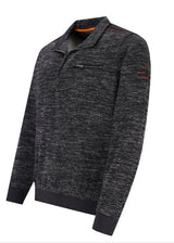 Charcoalfarbenes Sweatshirt mit Reißverschluss und orangefarbenen Akzenten und Logo.