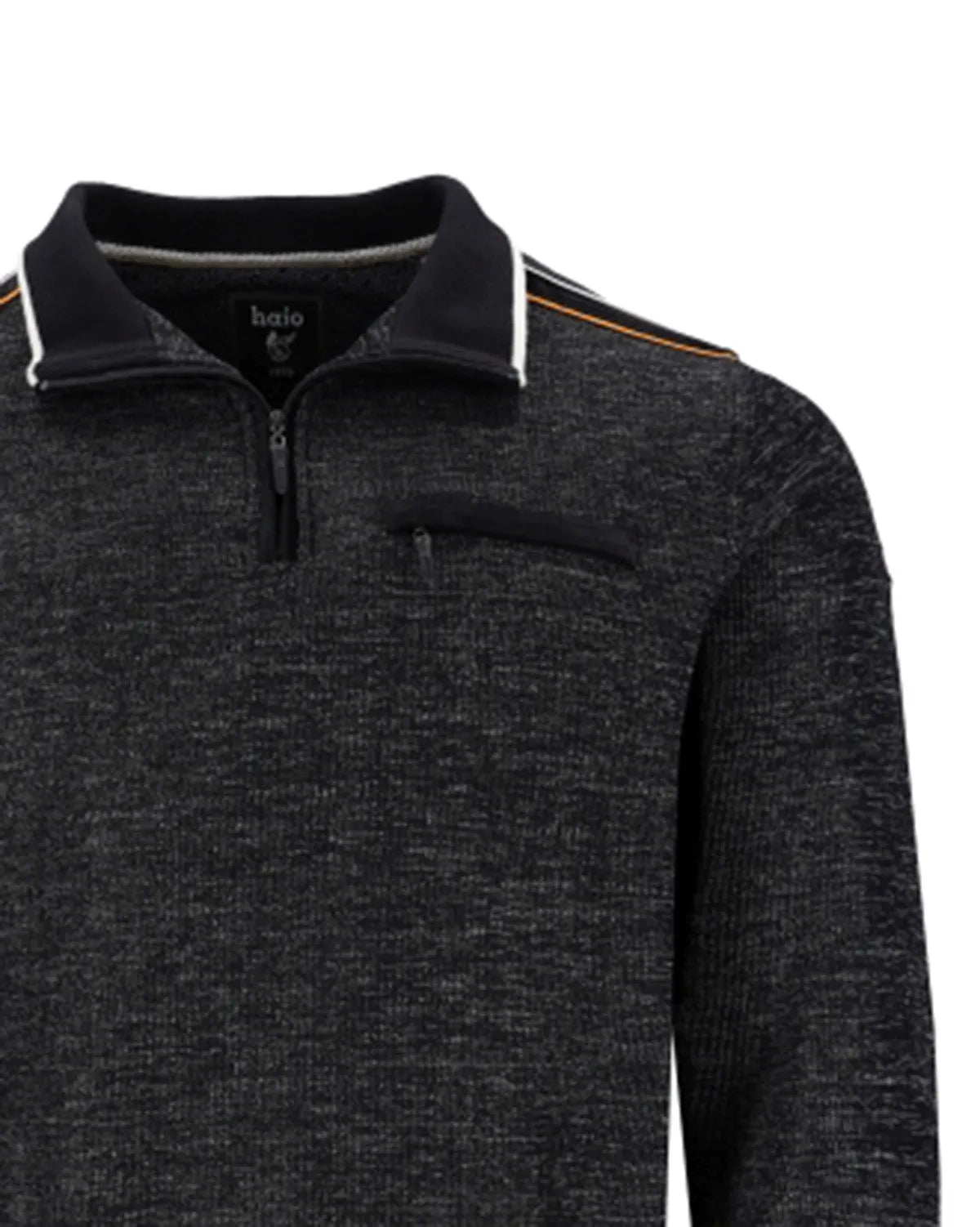 Anthrazitfarbener Pullover mit halbem Reißverschlusskragen und orangefarbenen Streifendetails.