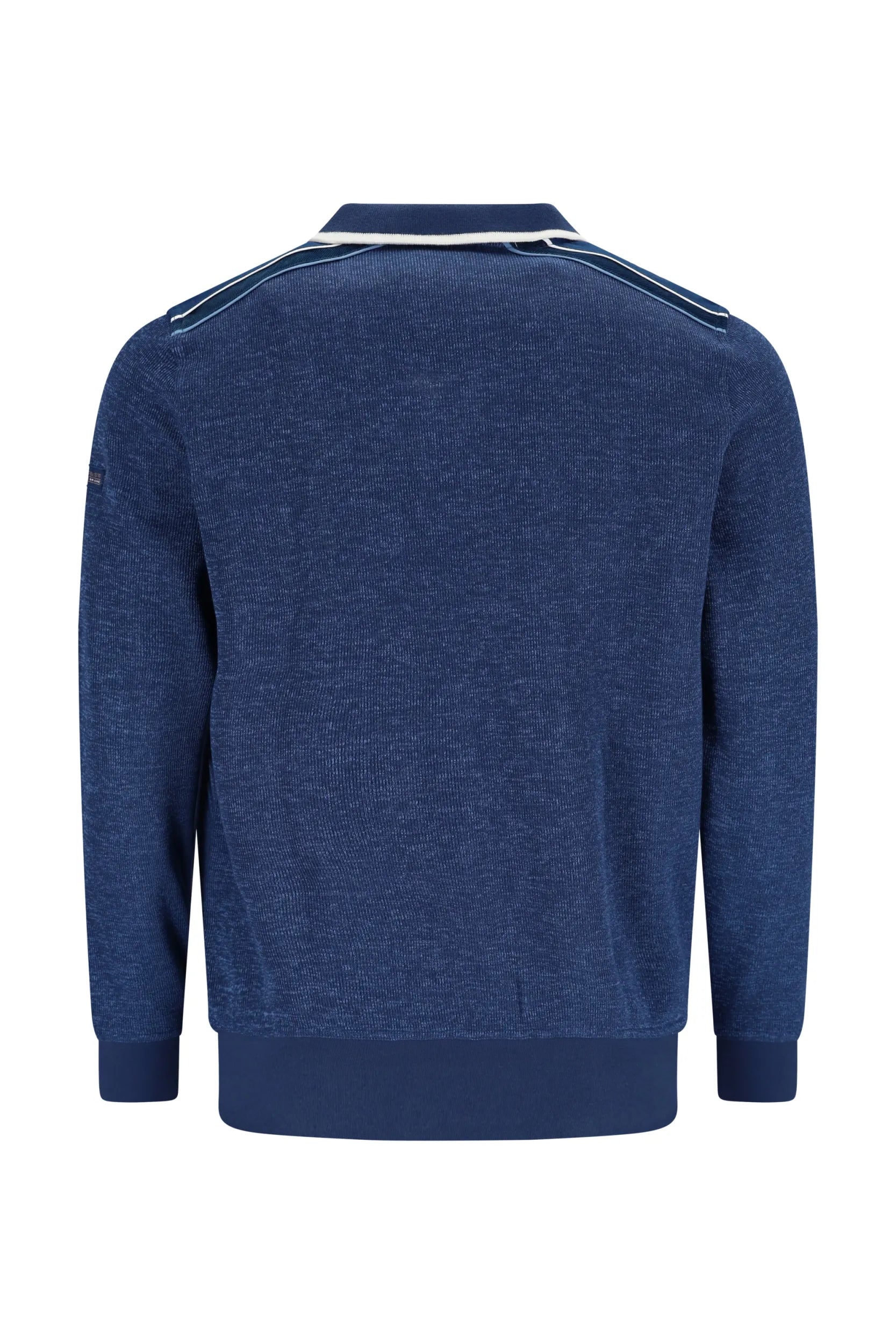 Marineblaues strukturiertes Poloshirt mit weißem Besatz und Kragen, inspiriert vom klassischen Stil von Ralph Lauren.
